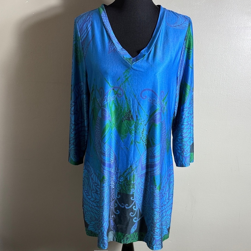 Peacock Print Blue & Green V-Neck Patterned Tunic Top or Mini Dress Sz L